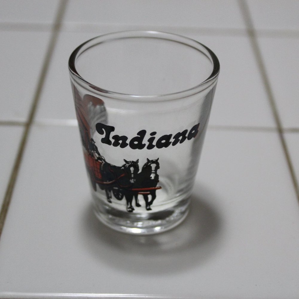 Vintage Indiana Souvenir Shot Glass Covered Bridge Amish 2 Horse Team